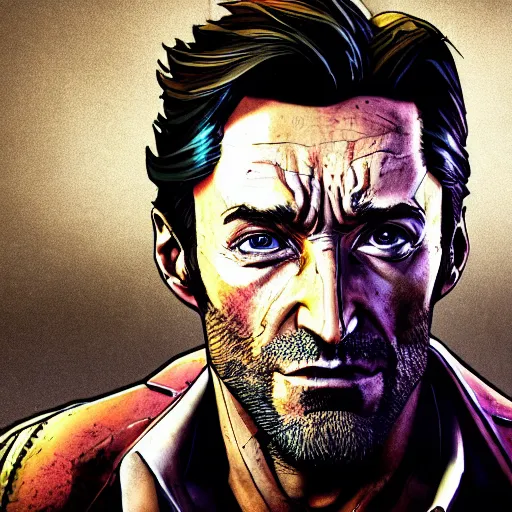 Image similar to hugh jackman portrait, borderlands, tales from the borderlands, the wolf among us, comic, cinematic lighting, studio quality, 8 k