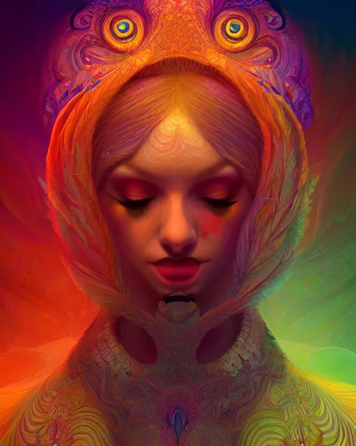 Prompt: lsd, acid trip, intricate fractals, a detailed portrait of a beautiful woman with ( fox ) features, in professional makeup, dramatic lighting, by lois van baarle, ross tran, greg rutkowski, background of ultra detailed colorful repeating fractals psychedelic by moebius, beeple, artstation
