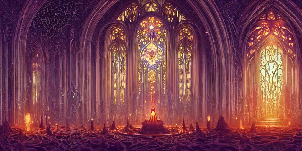 Image similar to Energetic gothic organ made of mushrooms portrait, Art Deco nature, fantasy, intricate art deco mushroom designs, elegant multidimensional cathedral of plants, prismatic fractal chandeliers, highly detailed fractals, sharp focus, art by Artgerm and beeple and Greg Rutkowski and WLOP