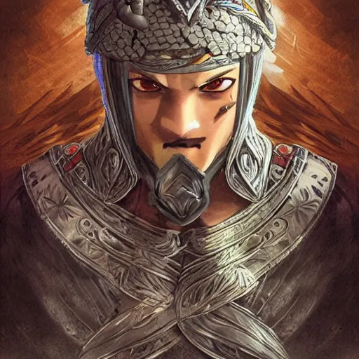Prompt: an illustration for a new video game, by square enix, about a hero who fights for his nation, the depiction of a very beautiful face, wearing a turban and also a black horse, his clothes are very desert patterned, and also symmetrical, perfect shape, and also very detailed, this illustration is drawn by yoshitaka amano