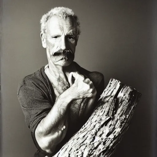 Image similar to a feathered man holding a log, large format film photo by richard avedon