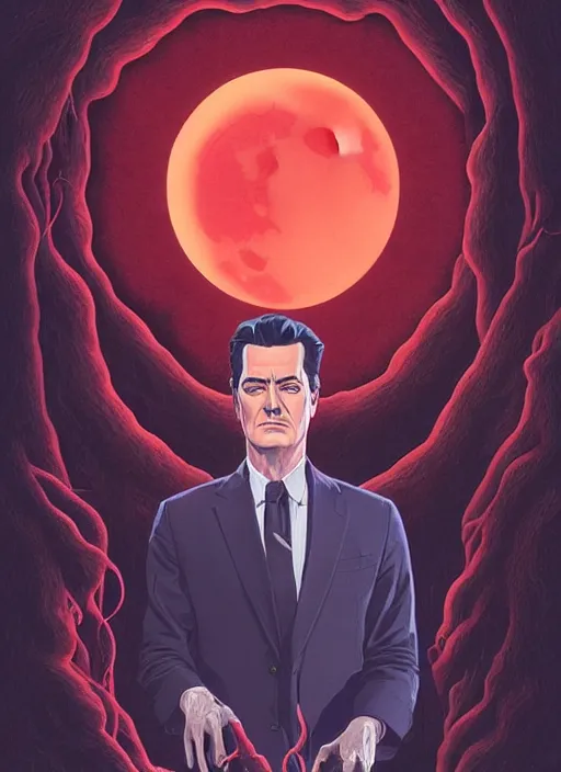 Image similar to Twin Peaks movie poster artwork by Michael Whelan and Tomer Hanuka, Rendering of Kyle MacLachlan gazing at the Blood moon tentacles, from a scene from Twin Peaks, clean, full of detail, Matte painting, trending on artstation and unreal engine