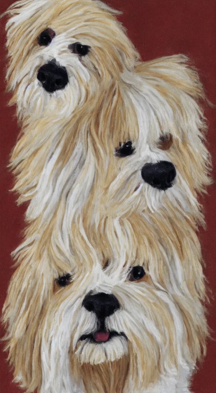 Image similar to portrait of a cream colored havanese dog wearing a lucha libre masking, sandra chevrie