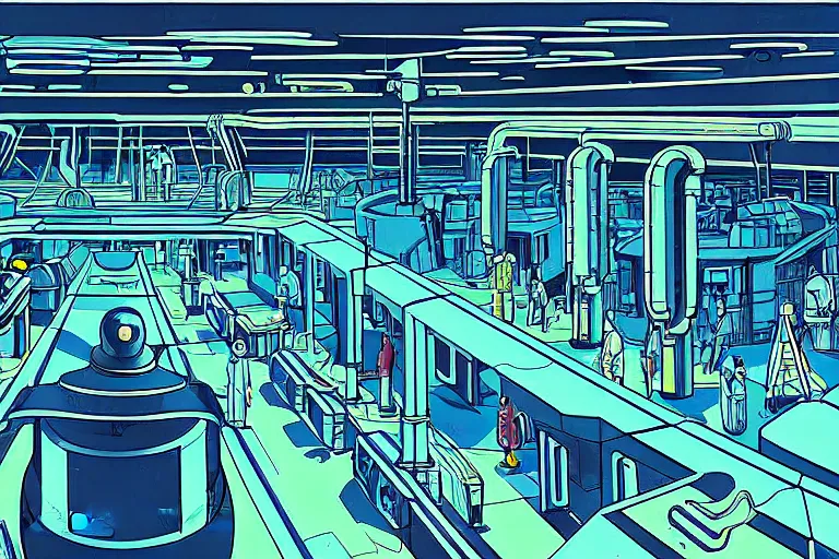 Image similar to a scifi illustration, factory interior. seen from above. vats of fluid. flat colors, limited palette in FANTASTIC PLANET La planète sauvage animation by René Laloux