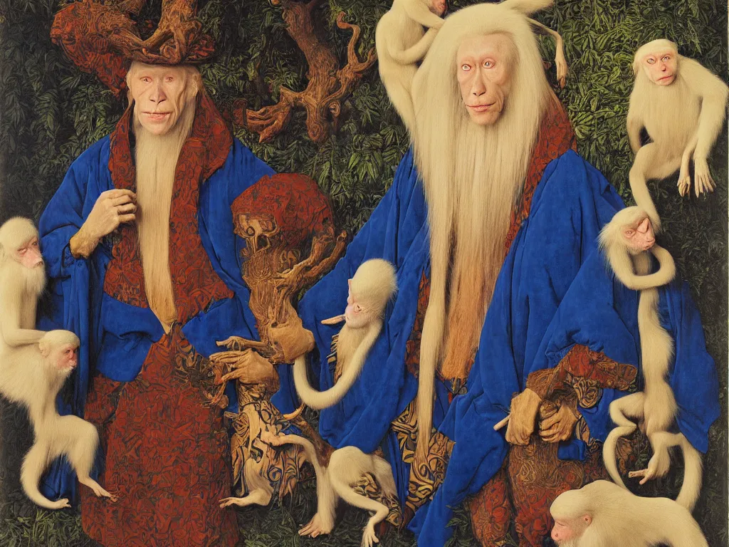 Image similar to Portrait of albino mystic with blue eyes, with exotic beautiful Japanese macaque. Painting by Jan van Eyck, Audubon, Rene Magritte, Agnes Pelton, Max Ernst, Walton Ford