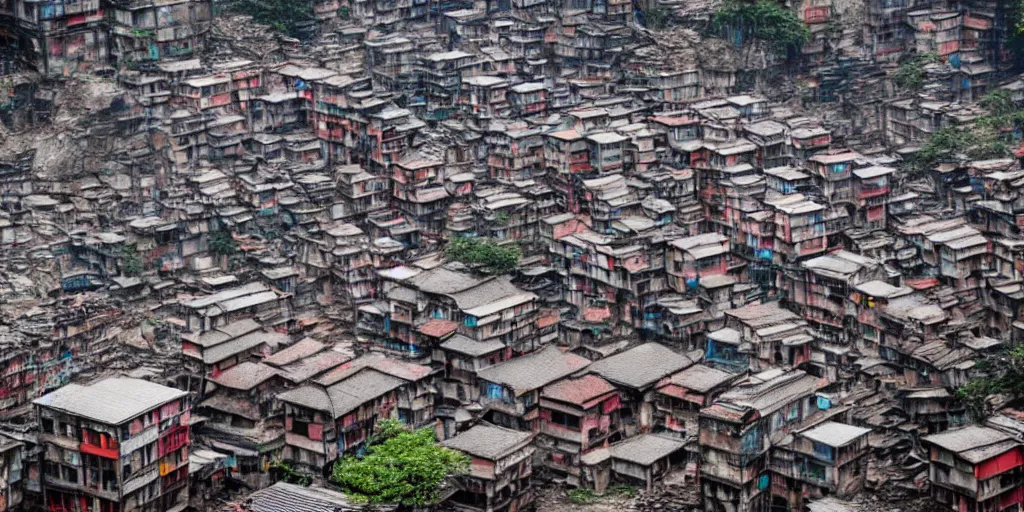 Prompt: Kowloon Walled City in the walls of glacial cavern, snowing, favela, slum