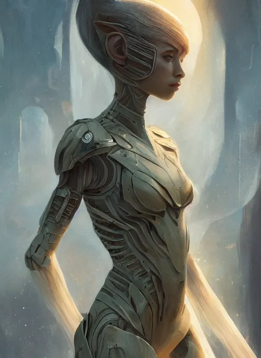 Image similar to a photorealistic portrait of a beautiful young female alien, clothed in ethereal armor, olive skin, long dark hair, beautiful bone structure, symmetrical facial features, intricate, elegant, digital painting, concept art, smooth, sharp focus, finely detailed, illustration, from Valerian and the City of a Thousand Planets, by Ruan Jia and Mandy Jurgens and Artgerm and William-Adolphe Bouguerea