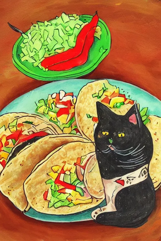 Image similar to cat making tacos, art made by coendu
