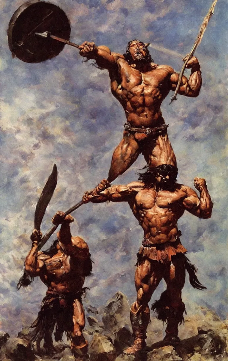 Prompt: a muscular barbarian warrior raising a spear, oil painting by frank frazetta