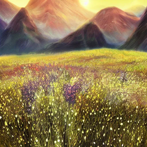 Image similar to field of flowers sun day mountains artstation unreal ingine