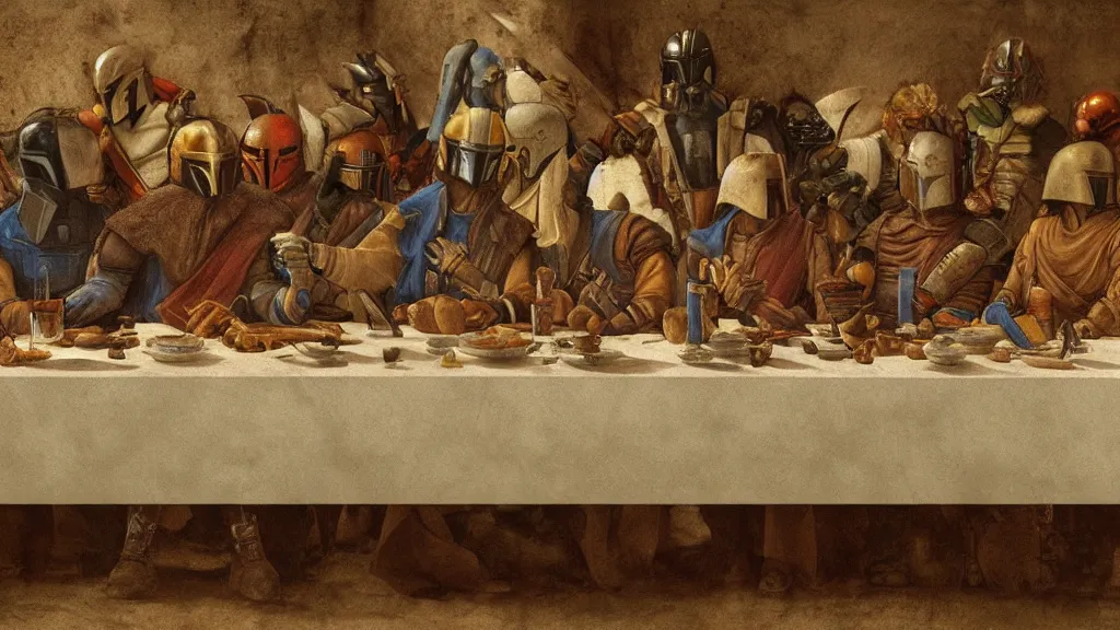 Image similar to mandalorian last supper, by leonardo davinci, concept art, oil painting, art station, dynamic lighting, highly detailed, very detailed, 4 k