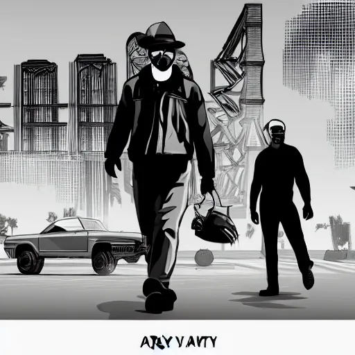 Prompt: a dusty hazey gta 5 loading screen day with smog and factory smoke, drawn in sharp vectors in a stylish modern hand drawn artist, trending on artstation, featured on deviantart