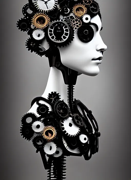 Image similar to black and white dreamy foggy profile face portrait, one steampunk eye biomechanical beautiful young female cyclope - cyborg - robot bust, body ribs meshes,, volumetric light, hibiscus flowers, by hg giger, rim light, by dora maar and cecile beaton, big gothic fashion pearl embroidered collar, 8 k