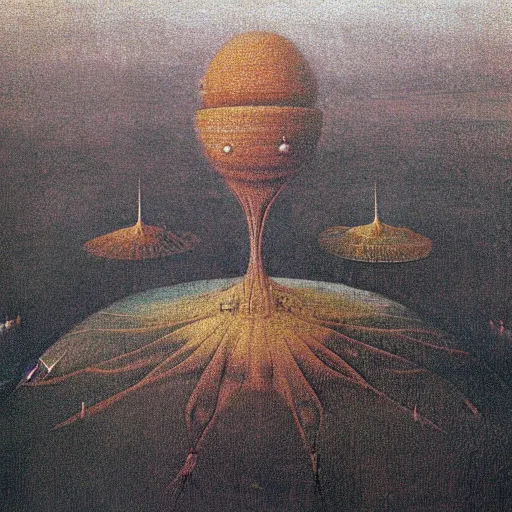 Image similar to aerial shot of fantastic machinery terraforming Venus, in the style of zdzisław beksiński, composition by hieronymus bosch,