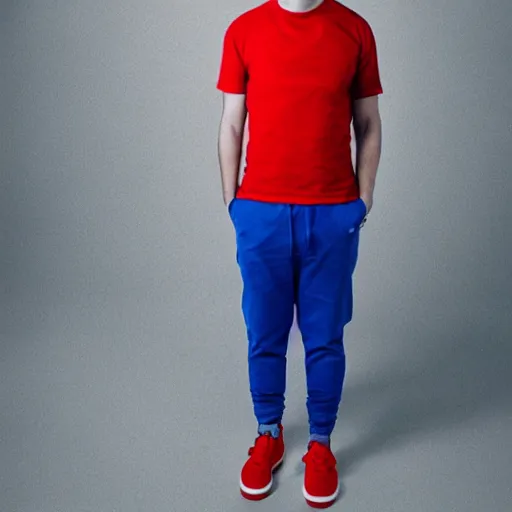 Image similar to a full body shot of an average white, short young - adult man with blue dyed hair, wearing a red backwards cap, white t - shirt with a red no symbol on it, blue long pants and red shoes, holding a microphone, studio lighting, photoshoot, grey background