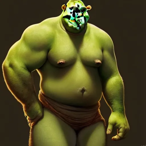 Image similar to Shrek from dreamswork, muscular upper body, D&D, fantasy, intricate, elegant, highly detailed, digital painting, artstation, concept art, smooth, sharp focus, illustration, art by artgerm and greg rutkowski and alphonse mucha