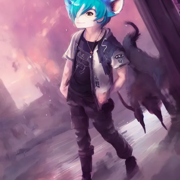 Prompt: emo boy with cat ears and tail, full body, blushing, happy, short smile, hair covering eyes, cinematic lightning, highly detailed, very very very beautiful, trending on Artstation, Unreal Engine 4k, watercolour, pastel, cinematic wallpaper by Stanley Artgerm Lau, WLOP, Rossdraws.