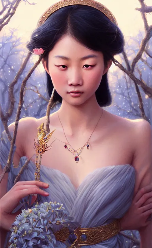 Image similar to a beautiful young charming asian goddess with sundress + jewelry + shinny eyes | | winter, symmetric, realistic shaded, unpleasant face, good looking, fine details, dior, lv, realistic shaded lighting poster by greg rutkowski, macoto takahashi, magali villeneuve, artgerm, jeremy lipkin and michael garmash