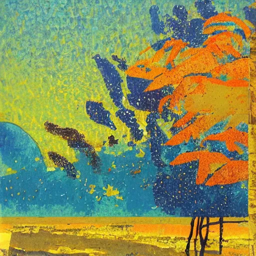 Image similar to leather, fauvist by chris foss robust, emotive. a collage of a beautiful landscape, delicate brushstrokes. peaceful & serene, with a gentle breeze blowing through the trees & flowers. colors are muted & gentle, calm & tranquility. well balanced & harmonious. color & composition, pleasing to the eye & calming to the soul.