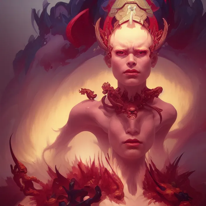 Prompt: excellent painted portrait of the grand demon tyrant, high quality masterpiece painted portrait, symmetry, 4k, trending on artstation, octane render, art by artgerm and greg rutkowski and alphonse mucha and craig mullins and James Jean and Andrei Riabovitchev and Marc Simonetti and peter mohrbacher