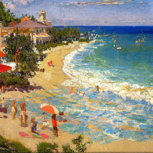 Image similar to oil paint impasto reliefs, italian beach scene, an artwork by charles w. bartlett and colin campbell cooper