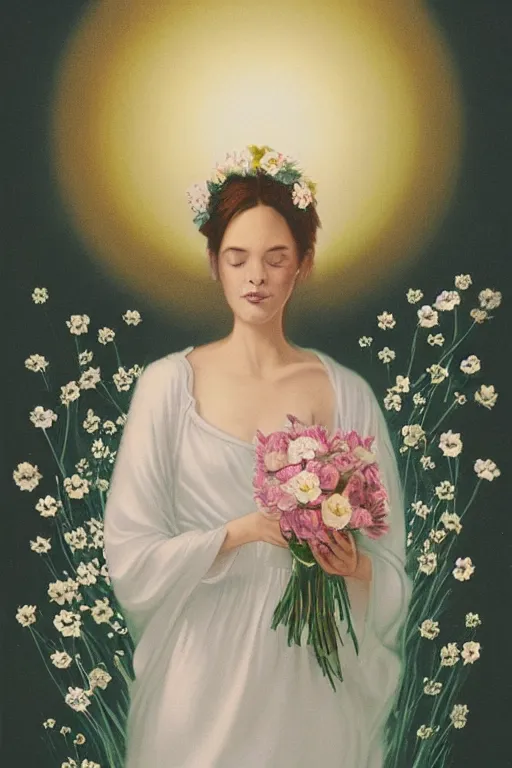 Image similar to The image depicts a woman in a flowing white dress, holding a bouquet of flowers. She is surrounded by a bright, halo-like aura. The background is a series of concentric circles, radiating out from the woman. The overall effect is one of serenity and heavenly beauty. The lithograph is printed in a limited number of colors, but the effect is very rich and detailed. Mucha's use of line is particularly notable, as it creates a sense of movement and energy around the central figure. The concentric circles in the background add to this sense of motion, while also providing a stable reference point for the viewer. The overall composition is well balanced and harmonious. The lithograph is printed in a limited number of colors, but the effect is very rich and detailed. Mucha's use of line is particularly notable, as it creates a sense of movement and energy around the central figure. The concentric circles in the background add to this sense of motion, while also providing a stable reference point for the viewer.