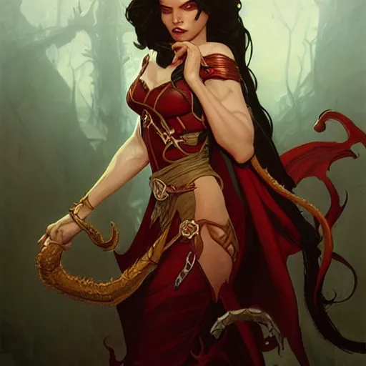 Image similar to an epic fantasy comic book style portrait painting of a teifling rouge with medium long dark hair, d & d, fantasy, intricate, elegant, highly detailed, digital painting, artstation, concept art, matte, sharp focus, illustration, art by artgerm and greg rutkowski and alphonse mucha