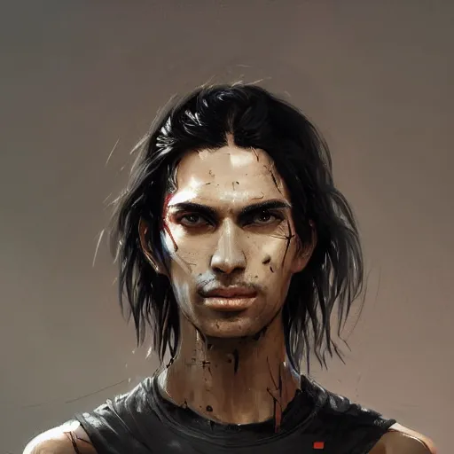 Image similar to portrait of a cyborg by greg rutkowski, he is about 3 0 years old, indian, very tall and slender, messy long black hair, he is wearing a black t - shirt, highly detailed portrait, digital painting, artstation, concept art, smooth, sharp foccus ilustration, artstation hq