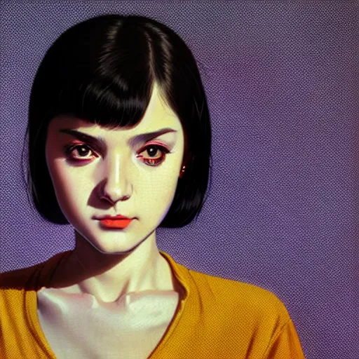 Image similar to famous young actress with bored eyes and dark circles staring into your soul. underground box office hit, comedy and seventies italian horror movie, unreal engine, intricate, ultra detailed 8 k, ambient occlusion, best, cool, extremely beautiful and aesthetic shape of face and neck, art by hiroaki samura and ilya kuvshinov and rossdraws andy warhol