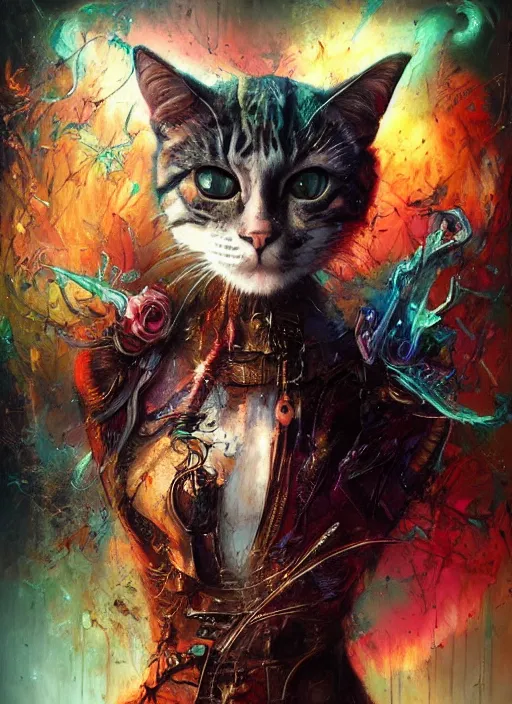 Image similar to a humanoid cat with a sword, Atmospheric beautiful by Stanley Artgerm, Tom Bagshaw, Arthur Adams, Carne Griffiths, trending on Deviant Art, street art, face enhance, chillwave, maximalist, full of color, glittering, 8k, hd