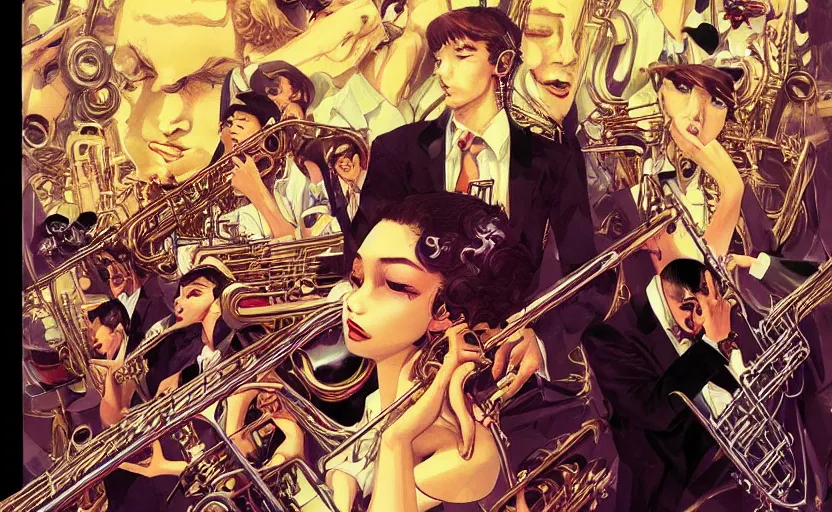 Prompt: the jazz band dream with musicians and one beautiful and glamorous woman singer, behance hd artstation, by yoichi hatakenaka, masamune shirow, josan gonzales and dan mumford, ayami kojima, takato yamamoto, barclay shaw, karol bak, yukito kishiro