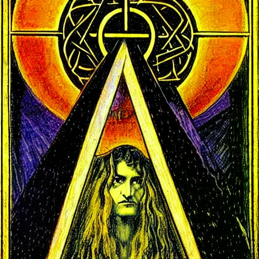 Prompt: a painting of nine of pentacles tarot card by austin osman spare and jean delville-H 1024