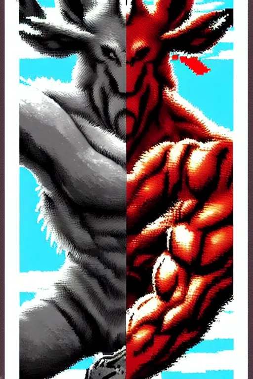 Prompt: extreme long shot. 8 bit nes graphics. antropomorphic muscular masculine wolf. kickboxer fighter, in shorts. streetfighter. wolf head. fine details, very sharp, art from nes game cartridge, vhs colors, vaporwave style, marc simonetti and hermann nitsch