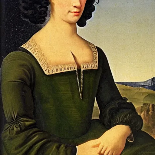 Image similar to young woman from the year 1 5 0 0, seated in front of a landscape background, her black hair is fine curly from the year 1 5 0 0, she wears a dark green dress pleated in the front with yellow sleeves, puts her right hand on her left hand and smiles slightly, oil painting