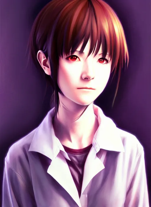 Image similar to a beautiful portrait painting of lain from serial experiments : lain. character design by shinji aramaki, charlie bowater, ross tran, artgerm, and makoto shinkai