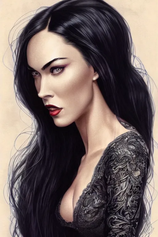 Image similar to megan fox, claudia black hybrid as morticia addams, masterpiece, intricate, elegant, highly detailed, digital painting, artstation, concept art, smooth, sharp focus, illustration, art by artgerm and greg rutkowski and alphonse mucha and uang guangjian and gil elvgren and sachin teng, symmetry!!