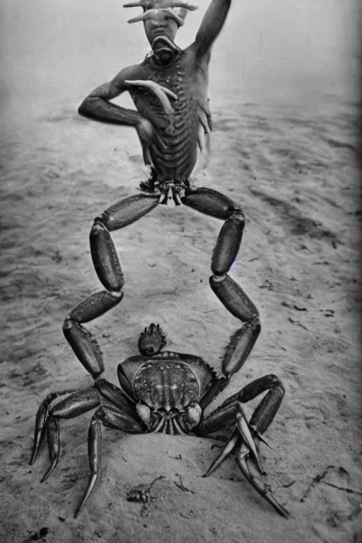 Image similar to a vintage photo of a human crab hybrid