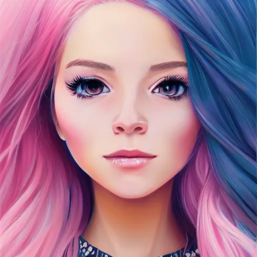 Image similar to belle delphine with pastel pink hair and shiny brown eyes, elegant, ultra highly detailed, digital painting, smooth, sharp focus, artstation, art by Ilya Kuvshinov