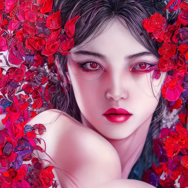 Image similar to studio portrait of an absurdly beautiful, elegant, young hypercolorful sensual gravure idol rubies and red petals, ultrafine hyperrealistic detailed face illustration by kim jung gi, irakli nadar, intricate linework, sharp focus, bright colors, matte, octopath traveler, final fantasy, unreal engine highly rendered, global illumination, radiant light, intricate environment