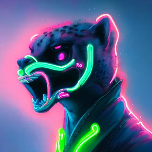 Image similar to a beautiful commission of a male anthropomorphic cheetah wearing a neon jacket,futuristic,detailed face,character design by charles bowater,mohawk,cyberpunk style,deviantart,artstation,art by greg rutkowski,ross tran,professional lighting,neon city,night,raytracing,rtx,highly realistic,4k