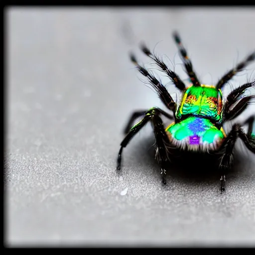 Prompt: a jumping spider, using a miniature computer keyboard, by pixar, macro lens, iridescent