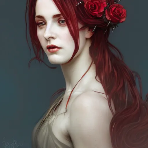 Prompt: portrait of beautiful vampire, rose thorn crown, thorns everywhere, headshot, pale skin, 4k, rule of thirds, extreme detail, detailed drawing, trending artstation, hd, fantasy, D&D, realistic lighting, by Alphonse Mucha, Greg Rutkowski, sharp focus, backlit, bright red hair, extremely detailed eyes, relistic