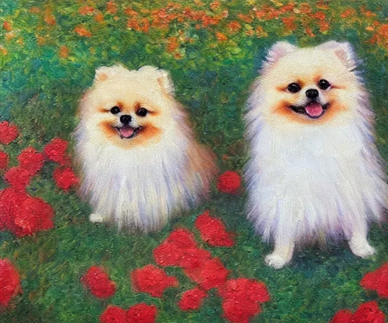 Image similar to pomeranian, cute, monet, oil painting