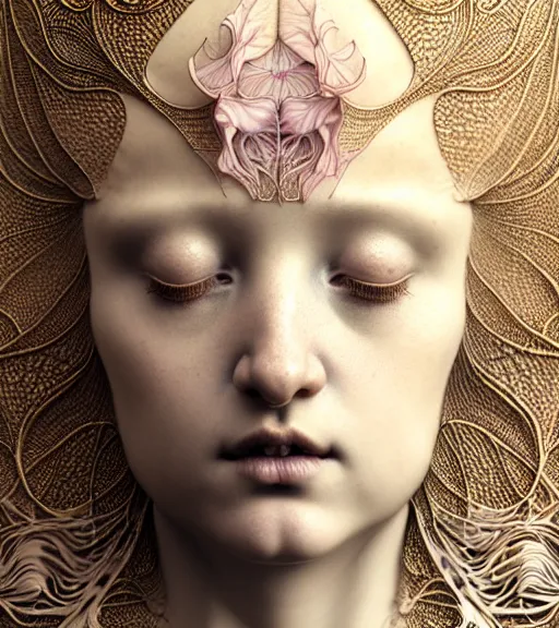 Image similar to beautiful young orchid fairy detailed realistic porcelain face portrait by jean delville, charlie bowater, iris van herpen and marco mazzoni, art forms of nature by ernst haeckel, art nouveau, symbolist, visionary, gothic, neo - gothic, pre - raphaelite, fractal lace, intricate alien botanical biodiversity, surreality, hyperdetailed ultrasharp octane render