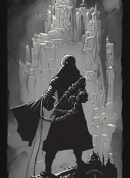 Image similar to highly detailed, hyper realistic wizard with a dungeon background by mike mignola