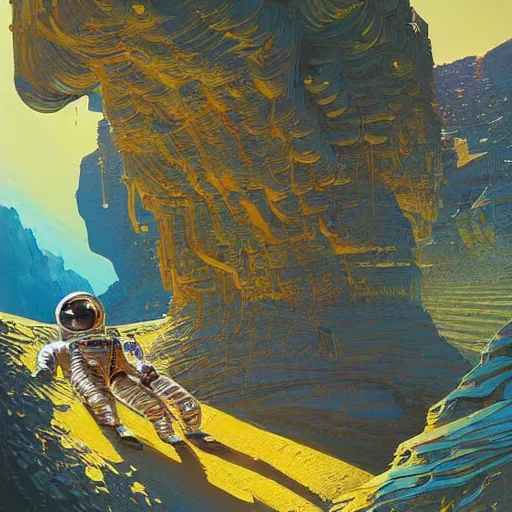 Image similar to golden astronaut in cave, digital painting by dean cornwall, rhads, john berkey, tom whalen, alex grey, alphonse mucha, donoto giancola,