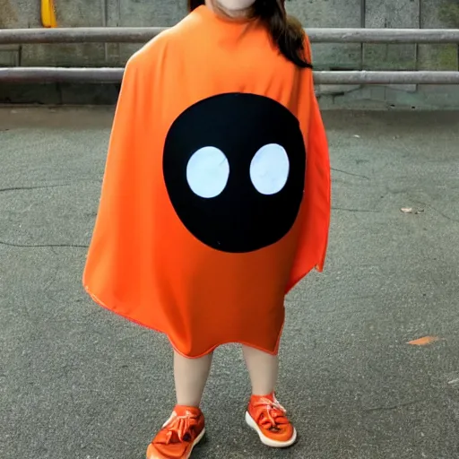 Image similar to an orange fruit character, little black eyes, wearing a superhero cape