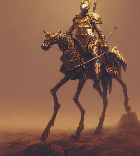 Image similar to royal knight in golden sun ornament armor, dismounted, beksinski, trending on artstation