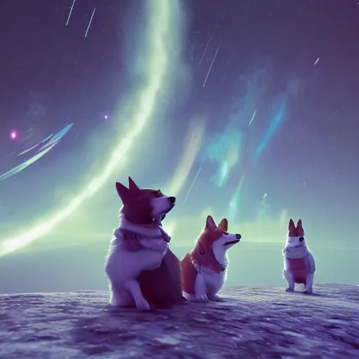 Prompt: Corgis in no man's sky art by Mike Winkelmann, power auras, sigils, tattered cloth robes, substance 3d painter, PBR textures, Physical based rendering, cinematic, hyper realism, high detail, octane render, unreal engine, 8k, Vibrant colors, Smooth gradients, High contrast, depth of field, aperture