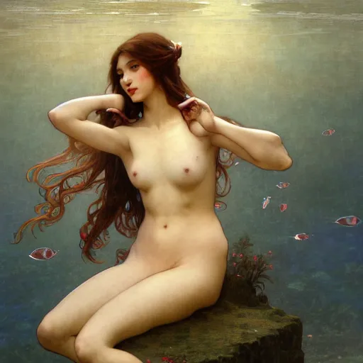 Image similar to beautiful mermaid sticking her head above the water, intricate, art by artgerm and greg rutkowski and alphonse mucha and william - adolphe bouguereau, high detailed, 4 k,